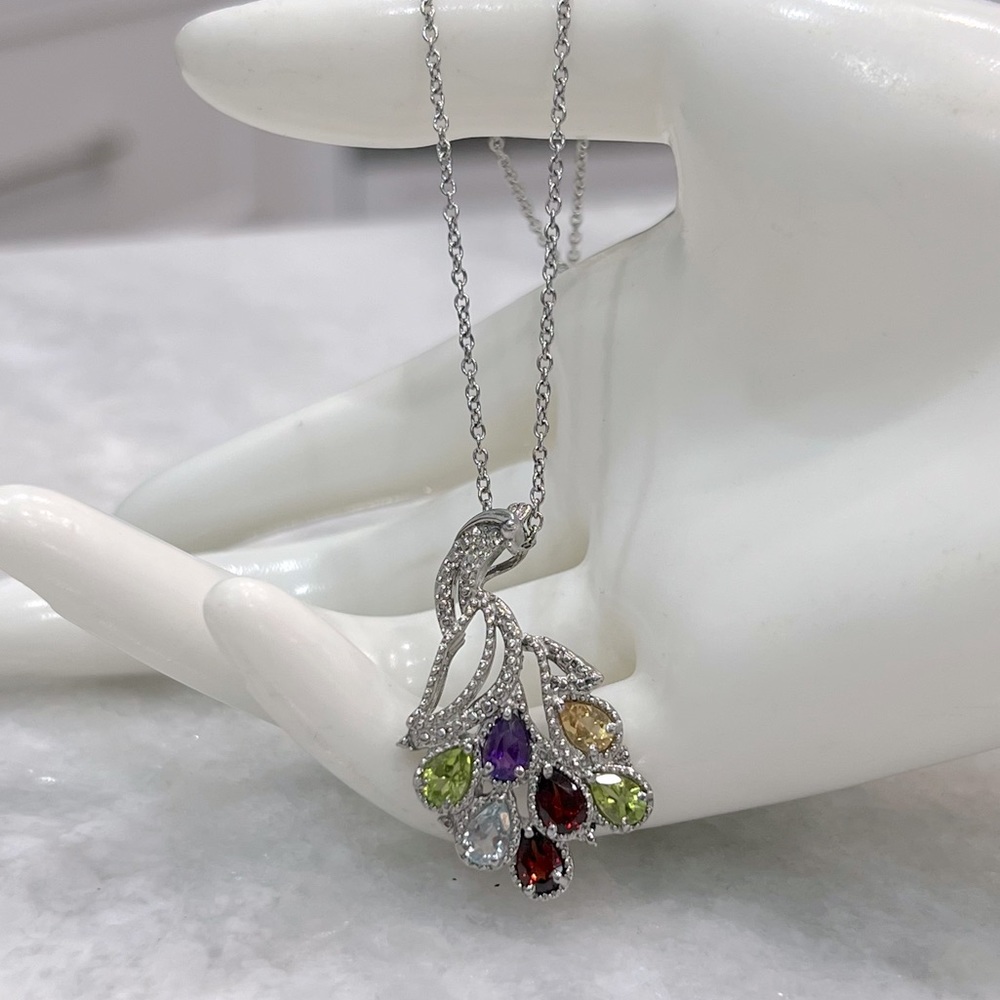 Multigemstone Silver Peacock Pendant 20” Necklace - Picture 5 of 10